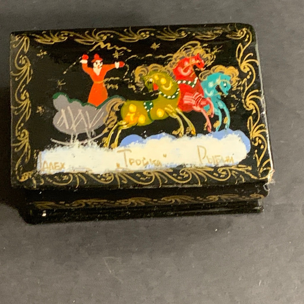 Signed Decor Black Gold Hand-Painted Russian Lacquer Box One Size